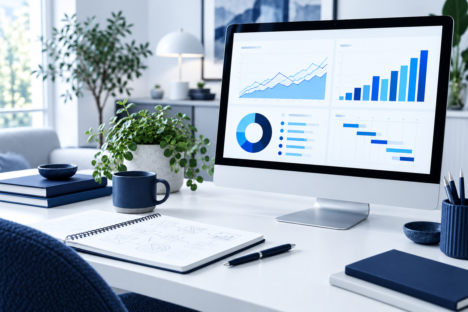 Illustrative analytics workspace with blue charts