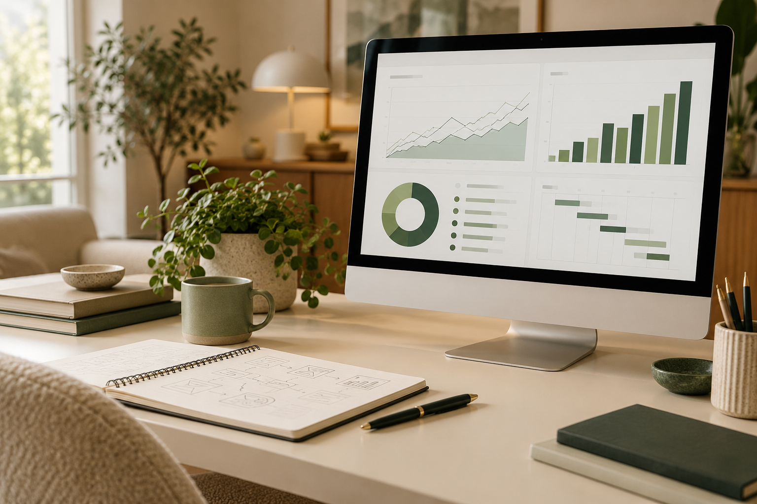 Illustrative marketing analysis workspace with a monitor showing generic green charts