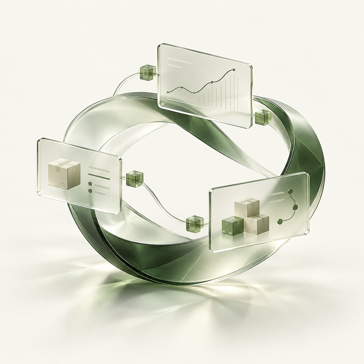 Minimal green glass forms and connected panels illustrating technology and commerce workflows