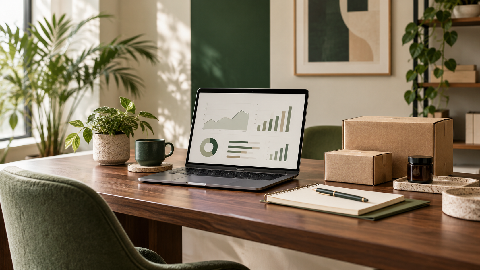Illustrative e-commerce workspace with product packaging, laptop and planning notebook
